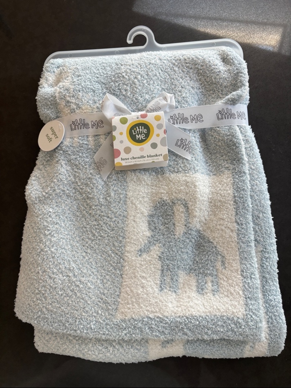 Little Me Plush Chenille Elephant Blanket - Light Blue & White